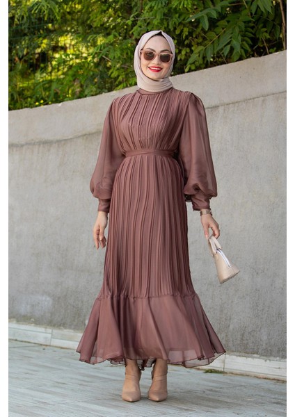 Mindy Drapeli Özel Gün Elbisesi-Kahve