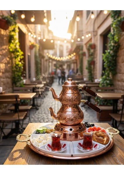 Bakır Çaydanlık Takımı ve Kahvaltı Sunum Tepsisi El Işçiliği Osmanlı Desenli,şık Kahvaltı Sunum Seti fırsatları