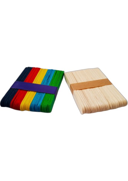 Ahşap Dil Çubuğu Abeslang Dondurma Çubuğu 50 Adet Naturel 50 Adet Renkli 100 Adet