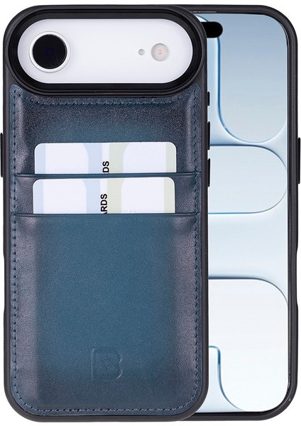 , Apple iPhone Air Için, Hakiki Deri, El Yapımı Kartlıklı Kılıf, Iç Yüzeyi Kadife, Gölgeli Mavi