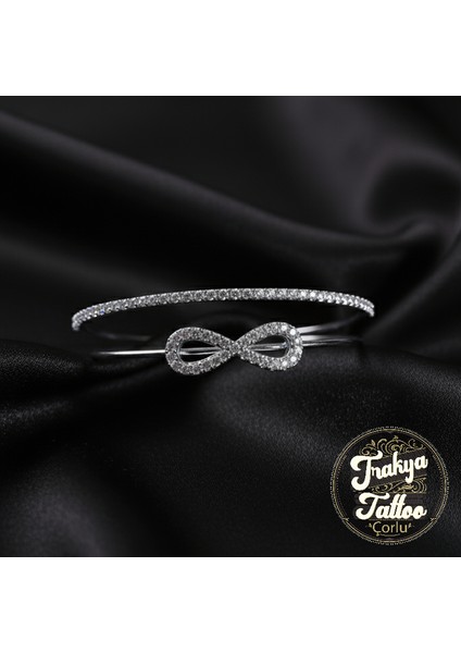 Zirkon Taşlı Su Yolu 2li Sonsuzluk Figürlü Kadın Çelik Kelepçe Bileklik Paslanmaz