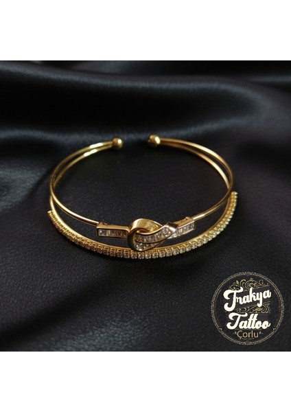 Zirkon Taşlı Su Yolu 2li Kurdele Kadın Çelik Kelepçe Bileklik Paslanmaz