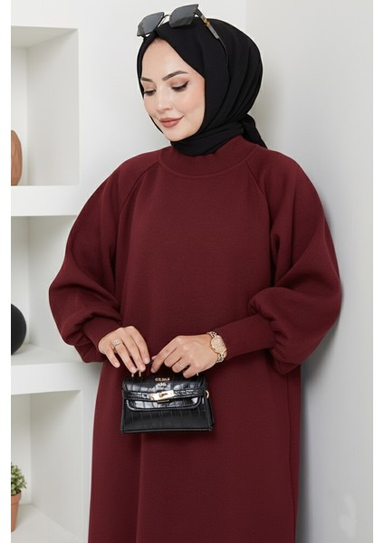 Balon Kol Triko Elbise 1600 - Bordo