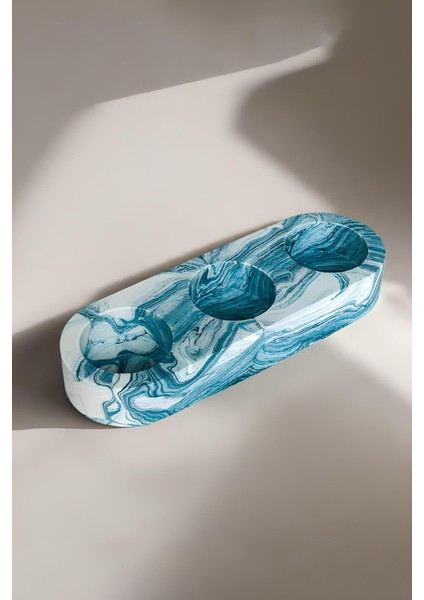 Mavi Mermer Desenli El Yapımı 3 Gözlü Beton Mumluk | Minimalist Dekoratif Şamdan