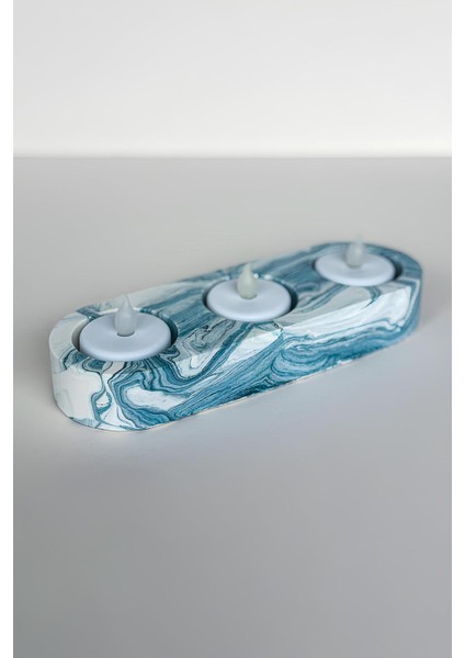 Mavi Mermer Desenli El Yapımı 3 Gözlü Beton Mumluk | Minimalist Dekoratif Şamdan modelleri