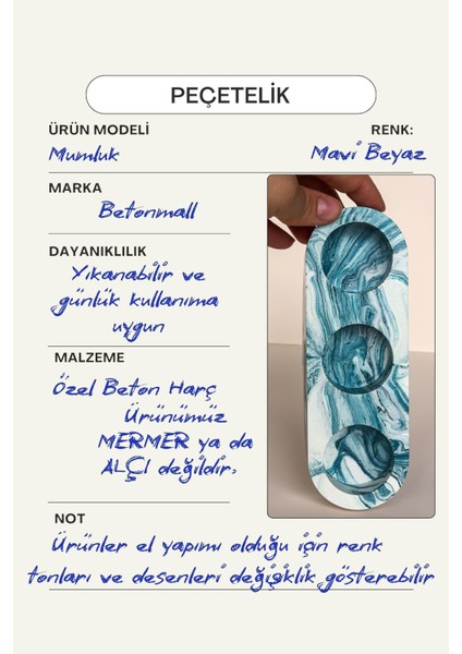Mavi Mermer Desenli El Yapımı 3 Gözlü Beton Mumluk | Minimalist Dekoratif Şamdan