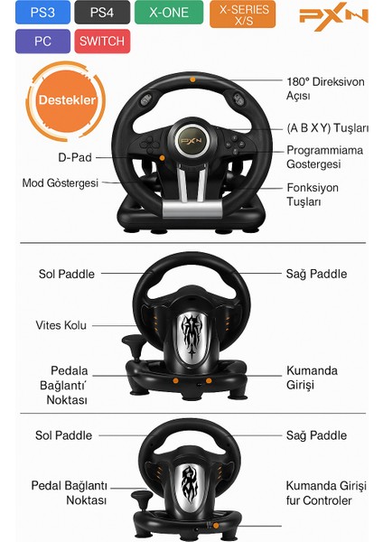 Pxn V3 Pro Yarış Direksiyonu Seti – Pedallı 180° Oyun Direksiyonu Siyah (Pc/ps4/xbox/switch) indirimleri