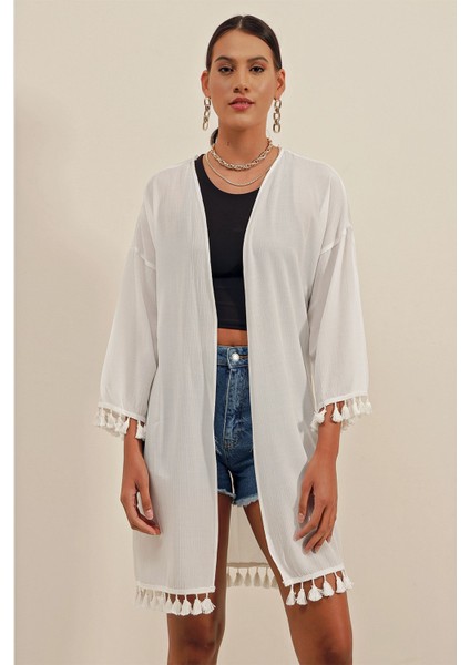 Kadın Bdart Ponpon Detaylı Midi Plaj Kimono Beyaz
