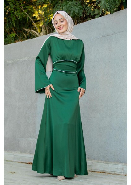 Kol ve Bel Taş Detaylı Saten Abiye-Zümrüt