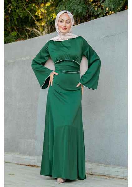 Kol ve Bel Taş Detaylı Saten Abiye-Zümrüt fırsatları