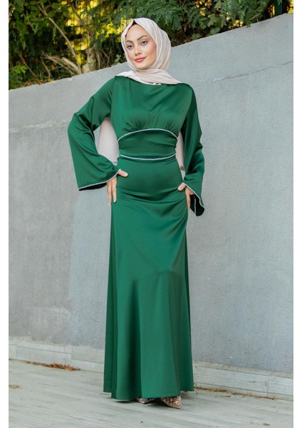 Kol ve Bel Taş Detaylı Saten Abiye-Zümrüt indirimleri