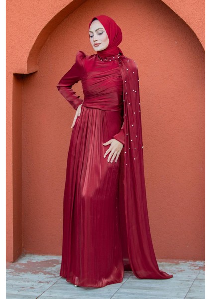 Swan Taş Işlemeli Yoryo Şifon Abiye-Bordo