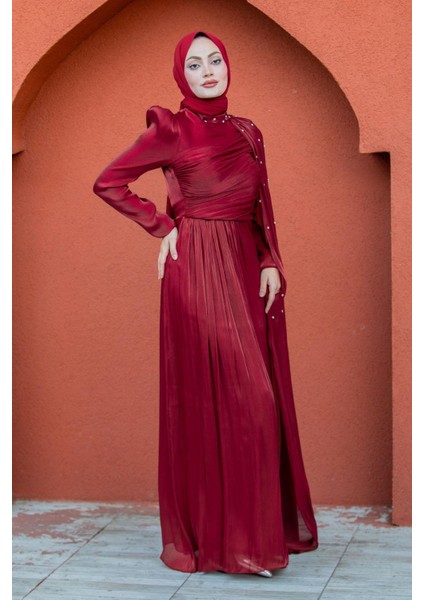 Swan Taş Işlemeli Yoryo Şifon Abiye-Bordo modelleri