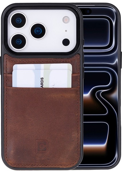 , Apple iPhone 17 Pro Için, Hakiki Deri, El Yapımı Kartlıklı Kılıf, Iç Yüzeyi Kadife, Antik Kahve