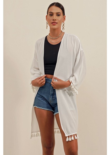 Kadın Bdart Ponpon Detaylı Midi Plaj Kimono Beyaz fırsatları