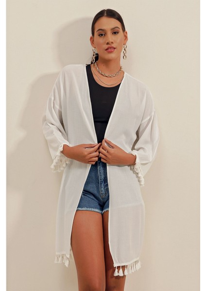 Kadın Bdart Ponpon Detaylı Midi Plaj Kimono Beyaz indirimleri