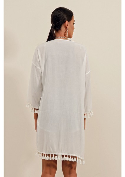 Kadın Bdart Ponpon Detaylı Midi Plaj Kimono Beyaz