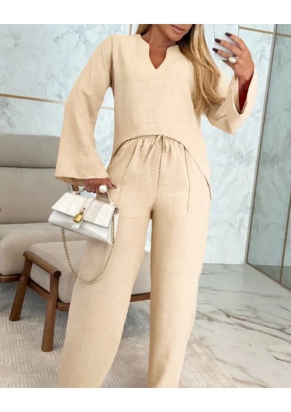 Mdb Kadın Uzun Kollu V Yakalı Keten Bluz Bağcıklı Pantolon Ikili Takım