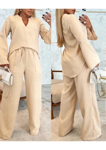 Mdb Kadın Uzun Kollu V Yakalı Keten Bluz Bağcıklı Pantolon Ikili Takım modelleri