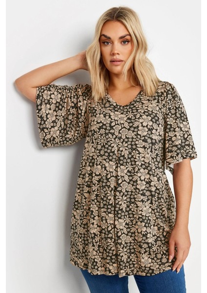 Büyük Beden V Yaka Desenli Asimetrik Kesim Likralı Bluz 303251