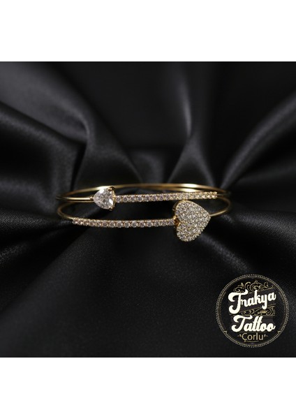 Zirkon Taşlı Su Yolu 2li Kalpli Kadın Çelik Kelepçe Bileklik Paslanmaz