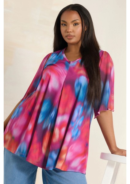 Büyük Beden Uzun Kolları Tül Detaylı Pileli V Yaka Bluz 321822