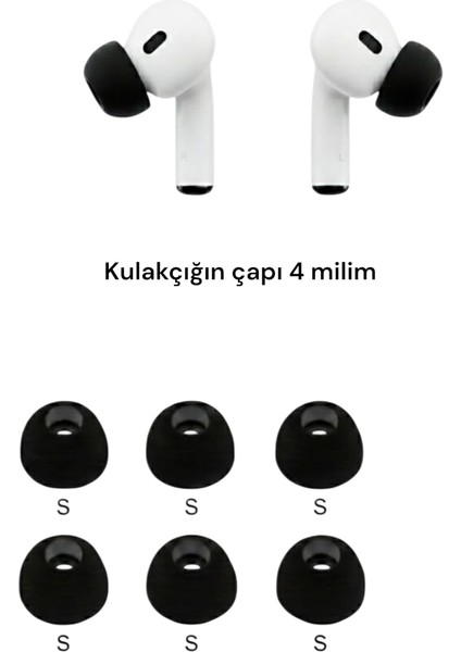 Yumuşak Silikon Kulaklık Uçları 6 Adet Küçük] Kulaklık Pamuğu 4mm siyah