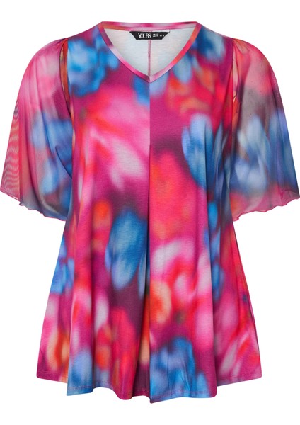 Büyük Beden Uzun Kolları Tül Detaylı Pileli V Yaka Bluz 321822