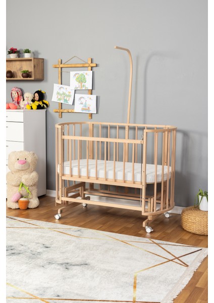 Ahşap Beşik Anne Yanı Beşik Organik (Boyasız) 60X120 - Tekerlekli Uyku Setsiz Tek Yataklı