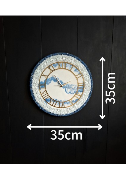 Duvar Saati - 35CM - Modern Dekoratif Duvar Saati - Epoksi Duvar Saati - El Yapımı Duvar Saati - Gold - Beyaz - Mavi Şık Duvar Saatleri
