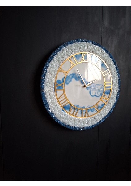 Duvar Saati - 35CM - Modern Dekoratif Duvar Saati - Epoksi Duvar Saati - El Yapımı Duvar Saati - Gold - Beyaz - Mavi Şık Duvar Saatleri fiyatları