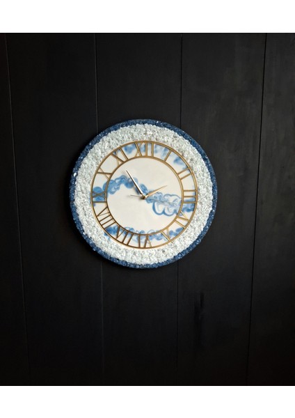 Duvar Saati - 35CM - Modern Dekoratif Duvar Saati - Epoksi Duvar Saati - El Yapımı Duvar Saati - Gold - Beyaz - Mavi Şık Duvar Saatleri modelleri