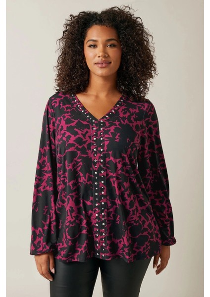 Büyük Beden V Yaka Uzun Kollu Taş Detaylı Desenli Bluz 615713