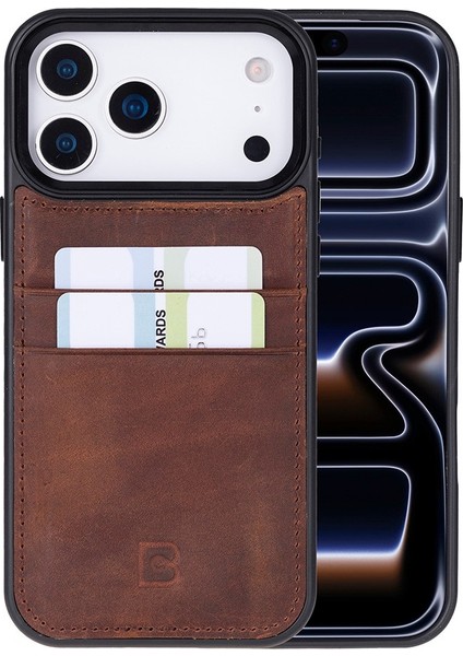 , Apple iPhone 17 Pro Max Için, Hakiki Deri, El Yapımı Kartlıklı Kılıf, Iç Yüzeyi Kadife, Antik Kahve
