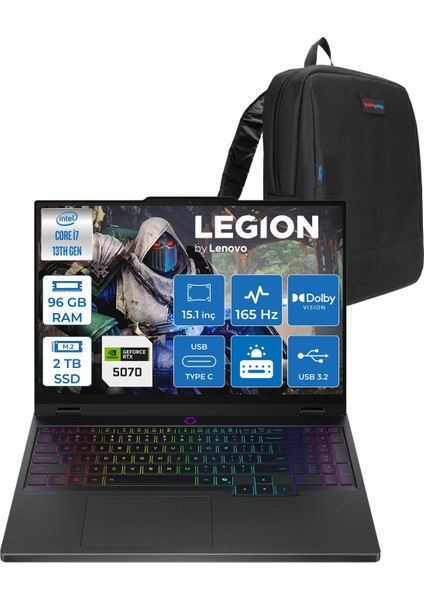 Legion 5 15IRX10 Intel Core I7 13650HX 96GB Ddr5 2tb SSD RTX5070 8gb Gddr7 115W Freedos 15.1" Wqxga (2560X1600) OLED 1000NITS 165Hz Taşınabilir Bilgisayar W83LY00CJTRF45 + Zetta Çanta