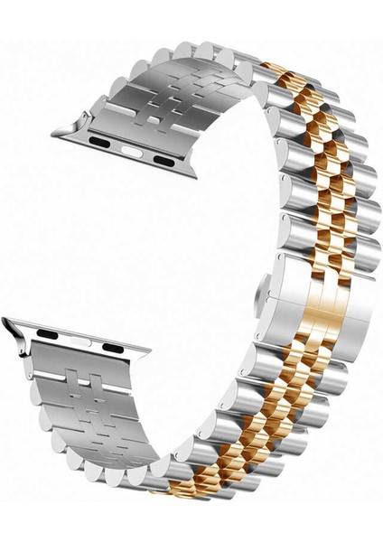 Apple Watch 10 (46MM) Uyumlu Zincir Görünümlü Metal Kordon-36 Gümüş-Rose Gold