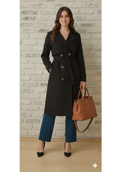 Bondit Kumaş Kuşaklı Düğmeli Cepli Kadın Trençkot