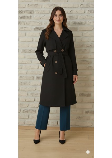 Bondit Kumaş Kuşaklı Düğmeli Cepli Kadın Trençkot fiyatları