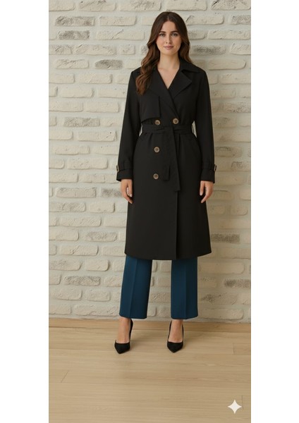 Bondit Kumaş Kuşaklı Düğmeli Cepli Kadın Trençkot modelleri