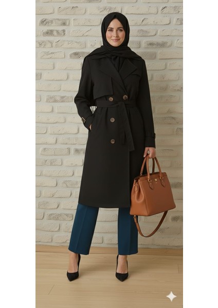 Bondit Kumaş Kuşaklı Düğmeli Cepli Kadın Trençkot fırsatları