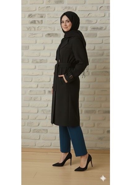 Bondit Kumaş Kuşaklı Düğmeli Cepli Kadın Trençkot indirimleri