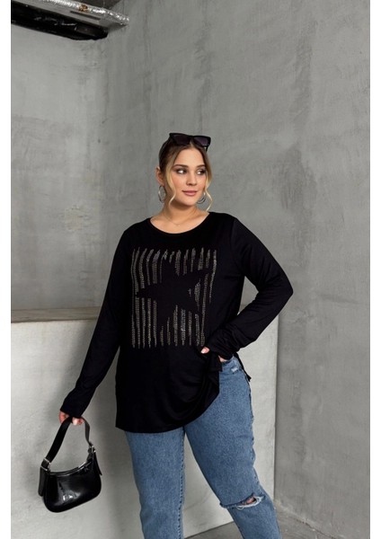 Büyük Beden Uzun Kollu Bisiklet Yaka Taş Işlemeli Ince Bluz 173716