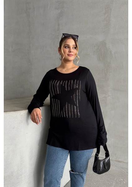 Büyük Beden Uzun Kollu Bisiklet Yaka Taş Işlemeli Ince Bluz 173716 fırsatları