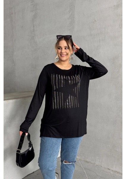 Büyük Beden Uzun Kollu Bisiklet Yaka Taş Işlemeli Ince Bluz 173716 indirimleri