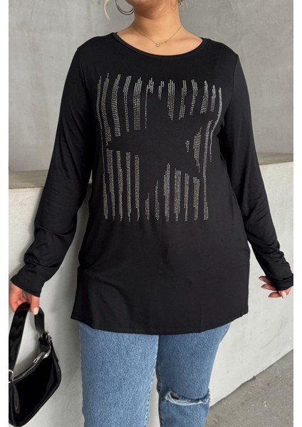 Büyük Beden Uzun Kollu Bisiklet Yaka Taş Işlemeli Ince Bluz 173716
