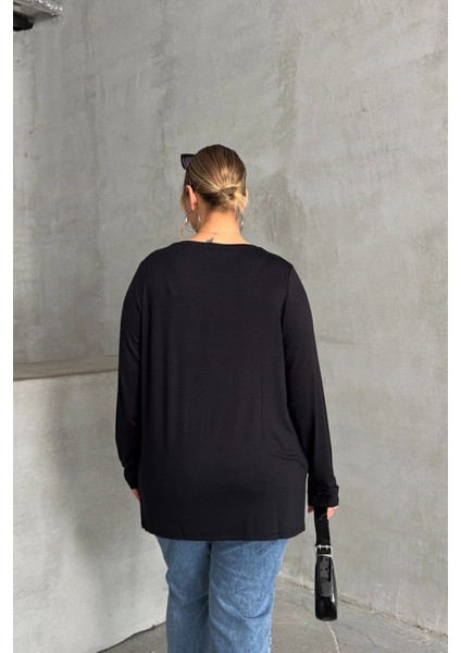 Büyük Beden Uzun Kollu Bisiklet Yaka Taş Işlemeli Ince Bluz 173716