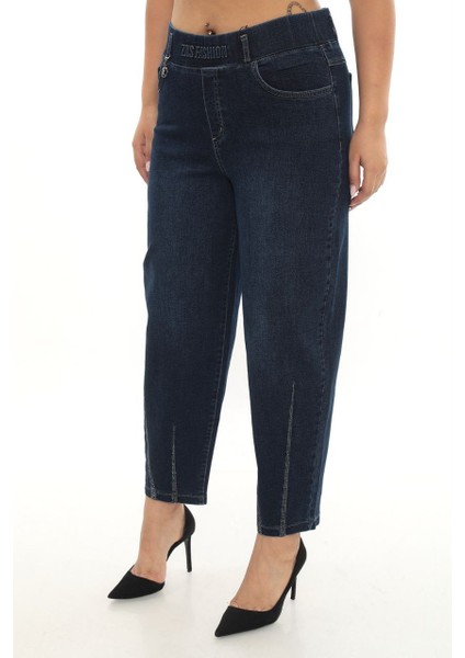 Büyük Beden Kadın Mom Fit Paçası Taşlı Yüksek Bel Beli Lastikli Ekstra Battal Pantolon