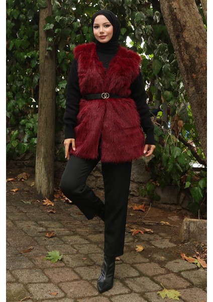 Kemerli Kürklü Yelek Bordo 19372
