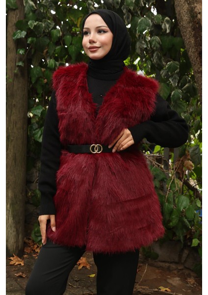 Kemerli Kürklü Yelek Bordo 19372 fiyatları