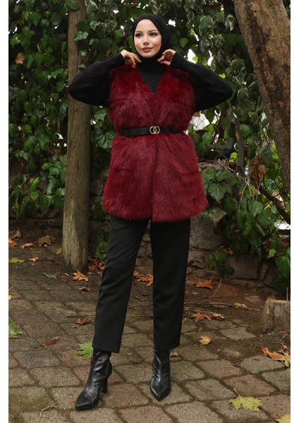 Kemerli Kürklü Yelek Bordo 19372 modelleri